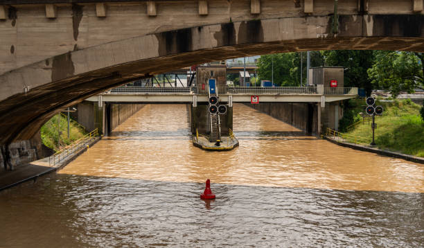 Neckar lock during flood in Stuttgart, Germany