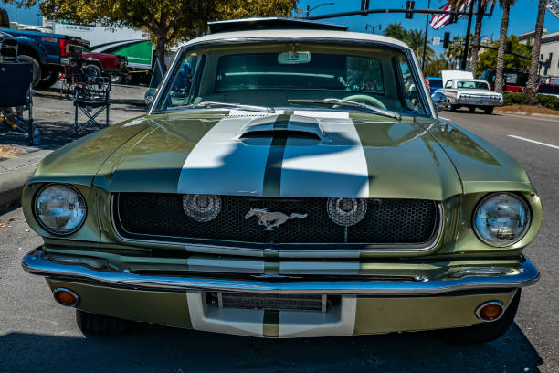 Gulfport, MS - October 01, 2023: High perspective front view of a 1966 Ford Mustang Hardtop Coupe at a local car show.