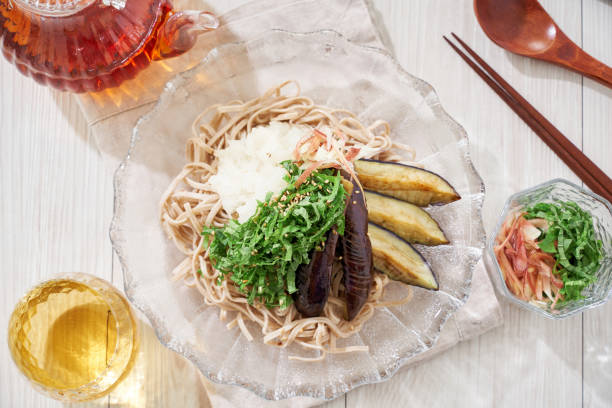 istock Cold soba noodles with fried eggplant, shiso leaves and grated radish 2159644665