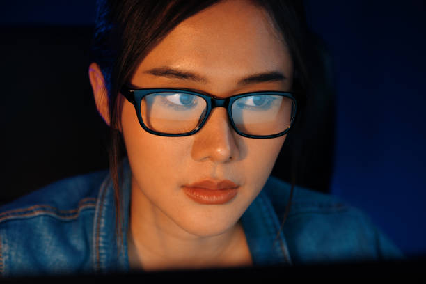 istock Portrait young creative with glasses of serious face looking on pc. Stratagem. 2159649532