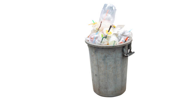 istock Old dirty gray plastic garbage can with a lot of garbage isolated on white background with clipping path 2159651608