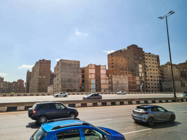 View from the window of a bus while riding on the street in Cairo in Egypt.