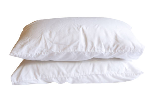istock Side view of two white pillow with case after use in hotel or resort room in stack isolated on white background with clipping path 2159653397