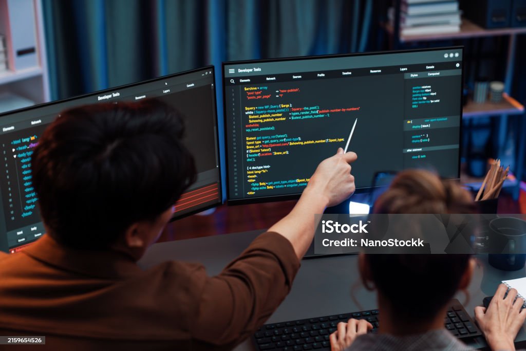 Smart It Developer Looking At Coding Program Application At Back Side ...