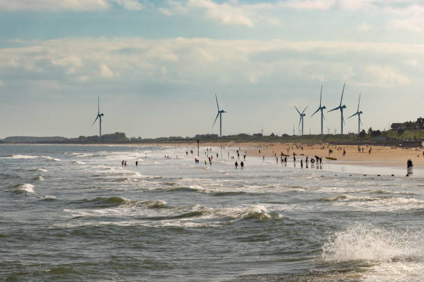 aerial view beach and windmill at netherlands maasvlakte