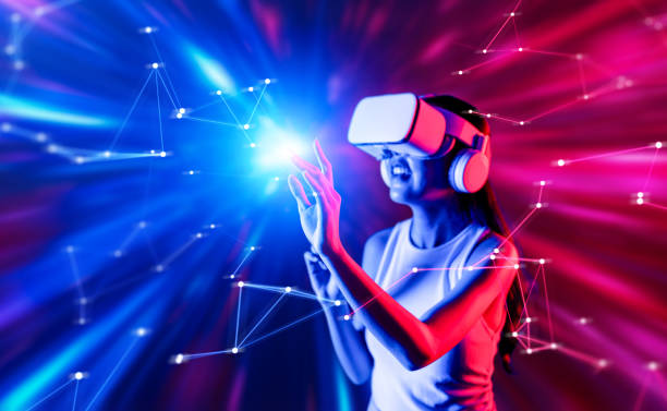 istock Elegant woman in metaverse woman use finger touch virtual object. Hallucination. 2159655831