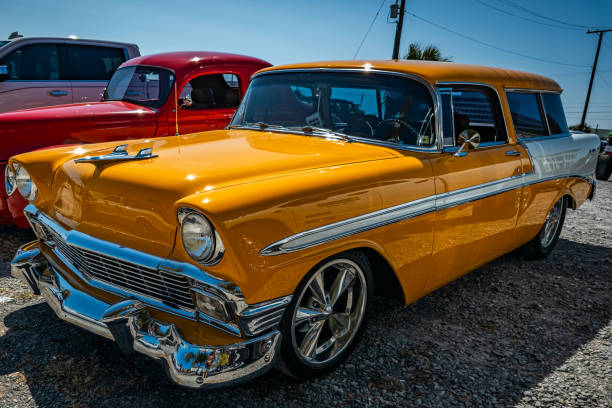 Gulfport, MS - October 01, 2023: High perspective front corner view of a 1956 Chevrolet Bel Air Nomad Station Wagonat a local car show.