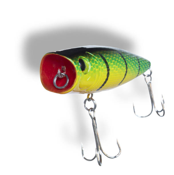 The word pike is made up of letters with a unique design of spinner, wobbler and twister on a white background. Nearby lies a pike with an open mouth