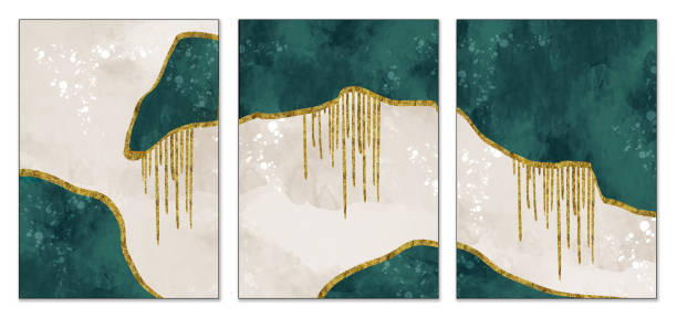 istock Modern boho canvas art. resin geode and marble art, functional art, like watercolor geode painting. 3d abstract wallpaper for wall frames. golden,  turquoise and green marble background with lines 2159667255