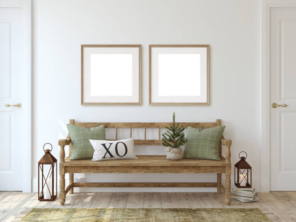 istock Interior of a farmhouse style hallway with a christmas decor. 3d rendering. 2159669096