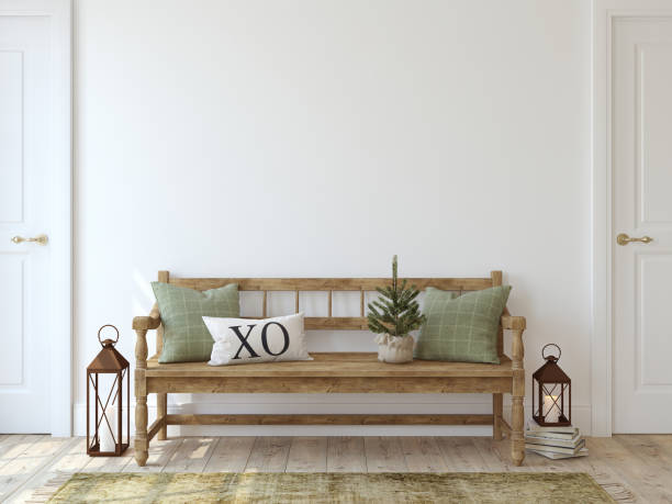 istock Interior of a farmhouse style hallway with a christmas decor. 3d rendering. 2159669101