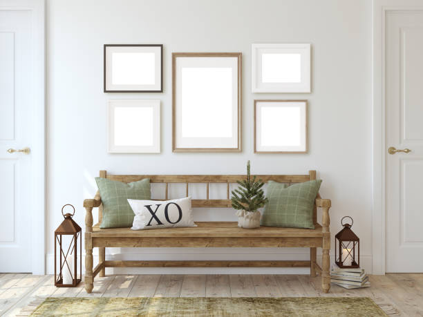 istock Interior of a farmhouse style hallway with a christmas decor. 3d rendering. 2159669220