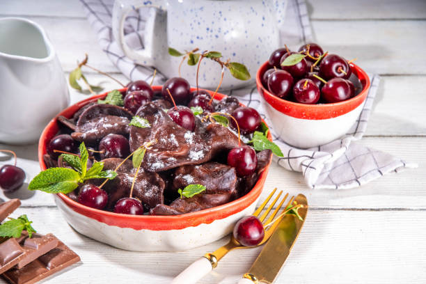 istock Sweet dessert chocolate dumplings vareniki with cherries 2159673387
