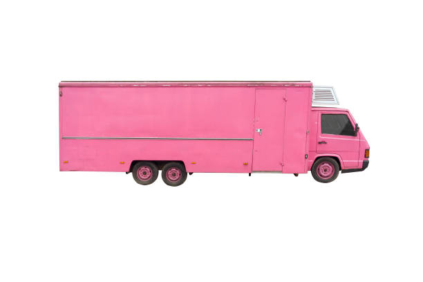 Bright pink delivery truck isolated on a white background.