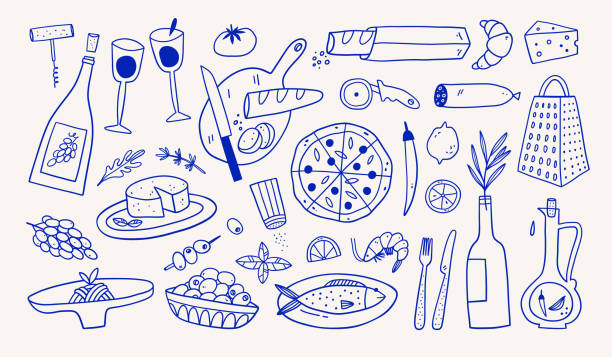 ilustraciones, imágenes clip art, dibujos animados e iconos de stock de conjunto de diferentes alimentos mediterráneos dibujados a mano. - comida casera española