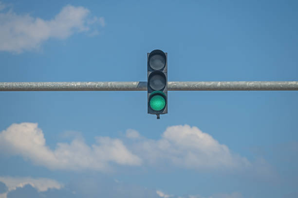 istock Green colour in traffic light with cloudy and blue sky in the background. 2159677676