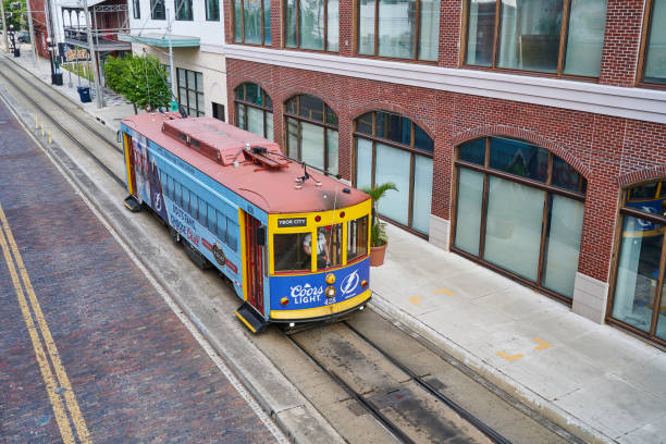 Tampa, USA - May 16, 2024: an old-fashioned streetcar  in Ybor City.