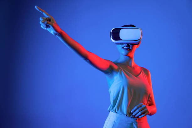 istock Woman confidently pose while look into virtual area of metaverse. Hallucination. 2159683320