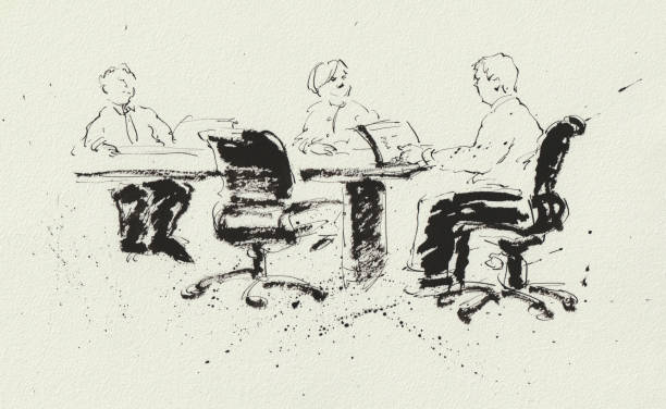 Business meeting illustration monochrome, watercolor paper texture
