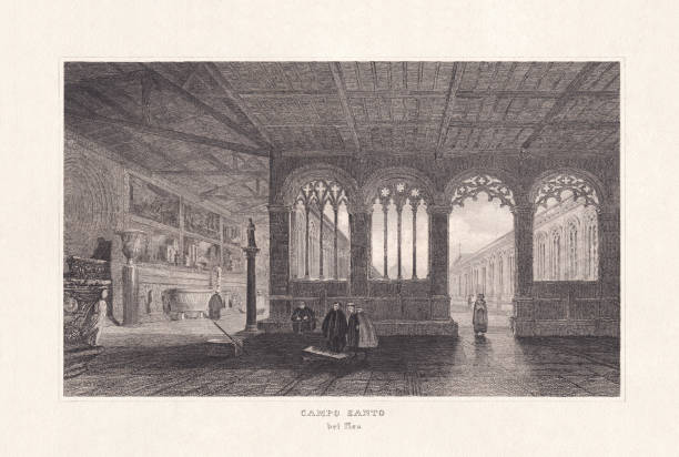 Camposanto Monumentale in Pisa, Tuscany, Italy, steel engraving, published 1836 Historical interior view of the Camposanto Monumentale in Pisa, Tuscany, Italy. Steel engraving, published in 1836. black and white travel travel destinations monk stock illustrations