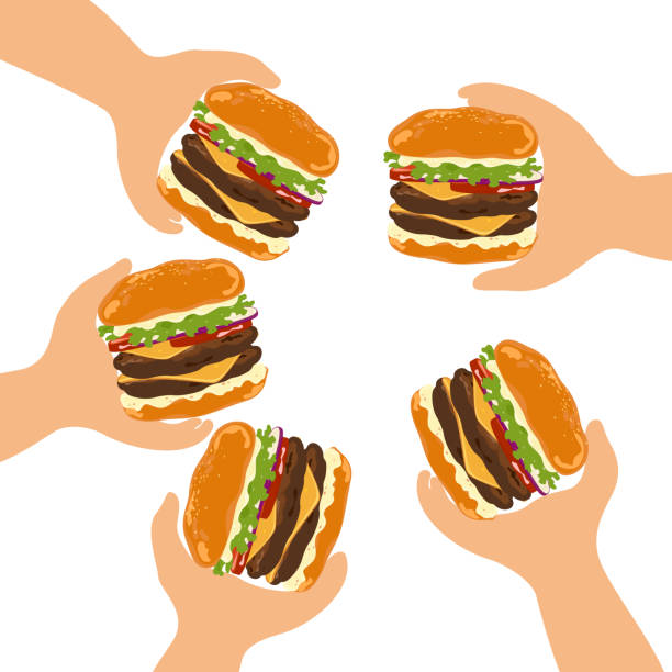 istock Set of delicious fast food illustrations Happy hamburger party with including beef, pickles, lettuce, tomato, bacon, bun. On a skillet, isolated on a white background for food menu poster design. 2159690930