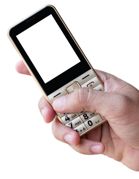 Hand holding golden mobile phone with white display isolated on white background with clipping path
