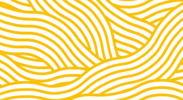 Geometrisches Spaghettimuster. Hintergrund mit gelben Pastenelementen auf weiß. Asiatisches Küchendesign Geometrisches Spaghettimuster. Hintergrund mit gelben Pastenelementen auf weiß. Asiatisches Küchendesign