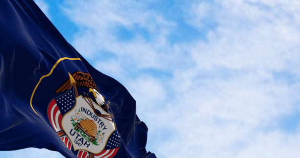 istock Close-up of Utah state flag waving 2159695253