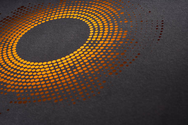 istock Contemporary cut paper artwork with circular pattern of orange dots creating gradient on black background 2159696672