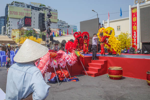 Ho Chi Minh City, Vietnam - 3 Feb, 2024: Acrobats practicing a Dragon Dance ahead of Lunar New Year, Saigon