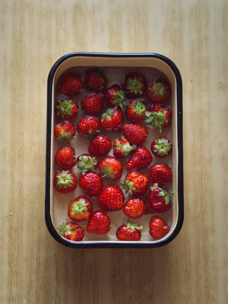 A rectangle metal container brims with strawberries submerged in clear water, resting on a kitchen table. The vibrant red strawberries contrast with the sleek, reflective surface of the metal container. The water enhances the strawberries' fresh appearance, creating slight ripples and reflections that add visual interest. Light filters in from above, highlighting the strawberries and casting subtle glimmers on the water and metal surface. The overall composition captures a moment of refreshing simplicity, emphasizing the strawberries' natural beauty and the clean, utilitarian charm of the kitchen setting.
