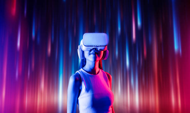 istock Elegant female connecting metaverse looking faraway and smiling. Hallucination. 2159707474
