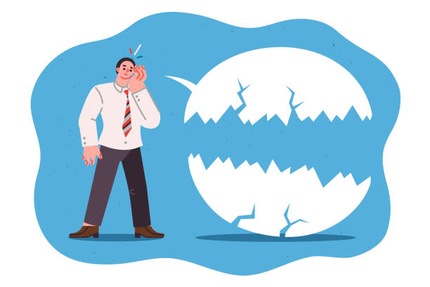 istock Communication problems of sad business man standing near destroyed speaking cloud 2159709186