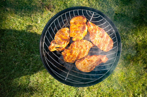 istock Small compact grill in the garden with chicken breast and light smoke 2159712438
