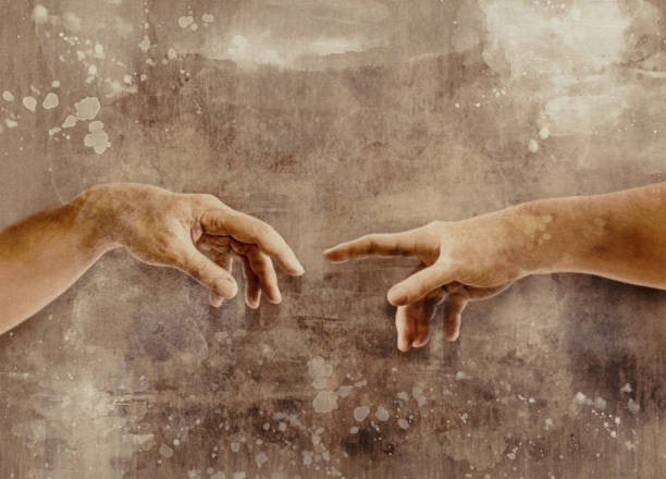 istock Two hands touching with fingers Michelangelo the creation of Adam watercolor illustration 2159713714