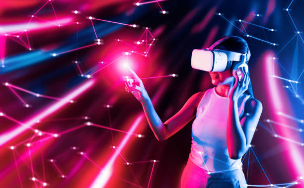 istock Elegant woman in metaverse woman use finger touch virtual object. Hallucination. 2159713948