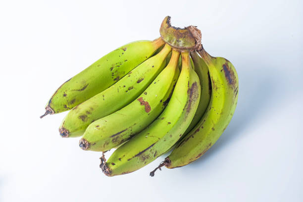 Bunch of green bananas isolated on white background with clipping path. Top view