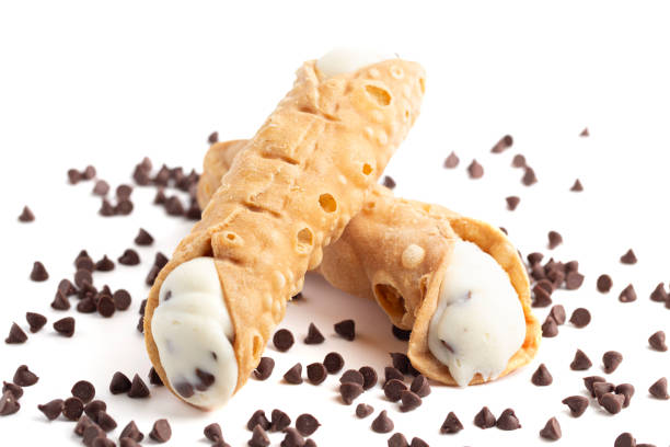 Chocolate Chip Marscapone Cheese Filled Cannoli Pastries Isolated on a White Background