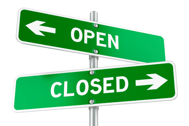 istock Open or Closed directions. Opposite traffic sign, 3D rendering 2159715579