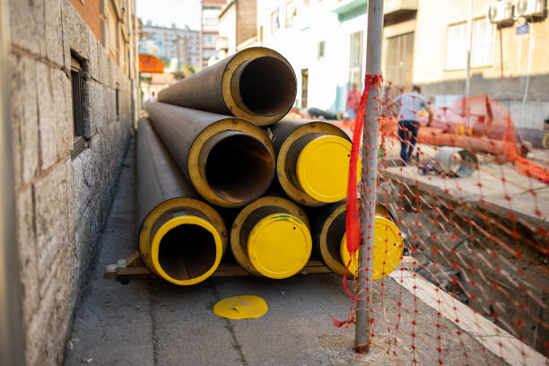 Insulated water pipes, underground sewerage infrastructure renovation in city.