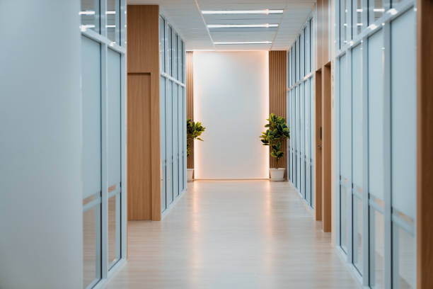 istock Empty modern office bright corridor with glass wall. Hall way. Ornamented. 2159719206