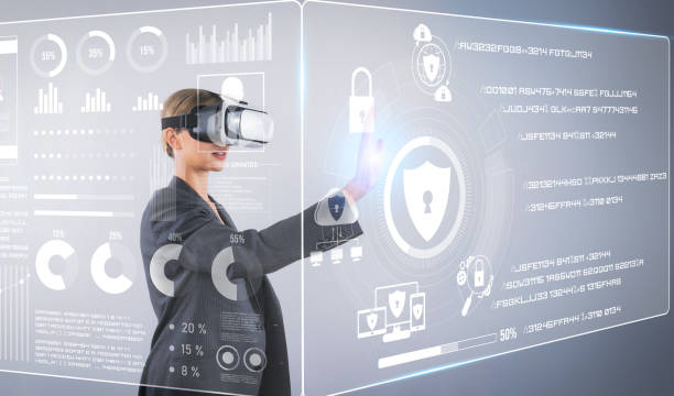 istock Business woman pointing and access at security protection system. Contraption. 2159726830