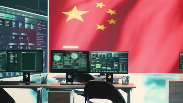 istock Empty governmental hacking room with chinese flag on a big screen 2159728325