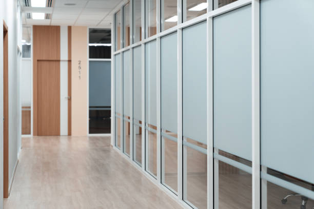 istock Empty modern office bright corridor with glass wall. Hall way. Ornamented. 2159728522