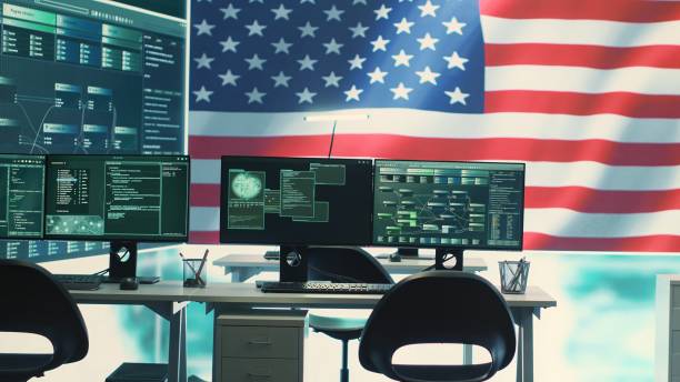 istock Empty governmental surveillance room shows an American flag 2159729656