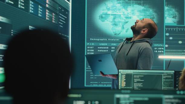 istock Cyber defense expert examining data on a big screen in governmental agency 2159731114