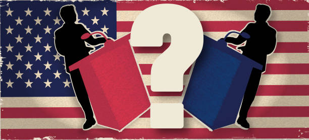 istock Abstract Presidential Debate concept with candidates at podium, question mark and American flag design elements 2159732324