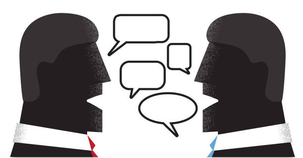 istock Abstract Presidential Debate concept with candidates talking and speech bubbles and American flag design elements 2159732394