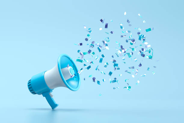 istock Blue megaphone with shiny confetti coming out of it 2159733664