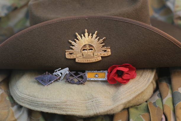 istock Australian Army Slouch Hat with badges and poppy 2159739432